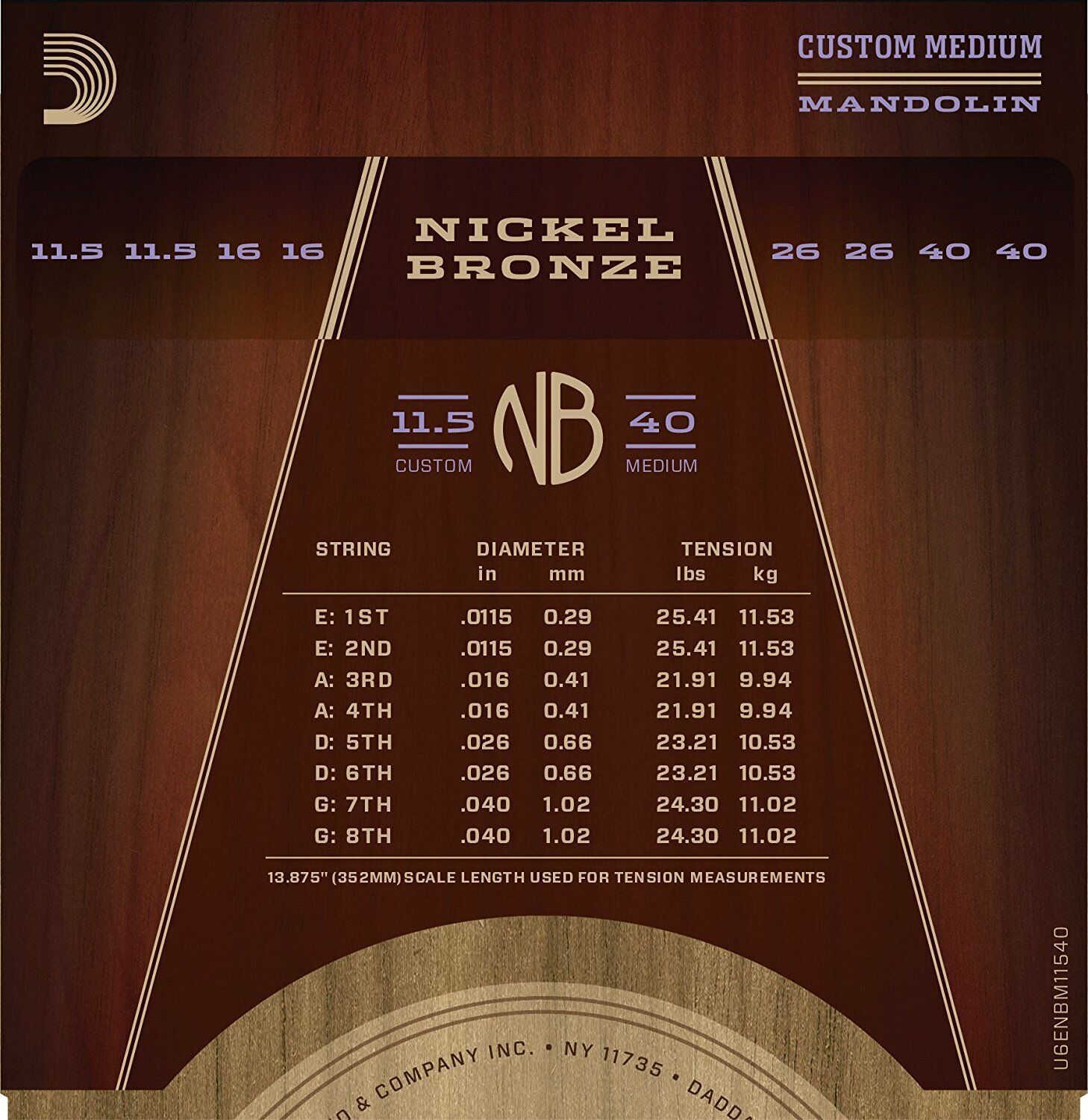 D'Addario NBM11540 Nickel Bronze Mandolin Strings, Gauges 11.5 40