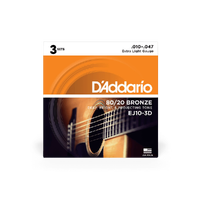 D'Addario EJ10-3D Bronze Acoustic Guitar Strings, Extra Light, 10-47, 3 Sets