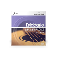 D'Addario EJ26-3D Phosphor Bronze Acoustic Guitar Strings, Custom Light, 11-52, 3 Sets