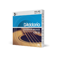 D'Addario EJ16-3D Phosphor Bronze Acoustic Guitar Strings, Light, 3 Sets