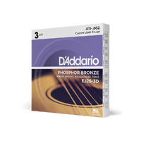 D'Addario EJ26-3D Phosphor Bronze Acoustic Guitar Strings, Custom Light, 11-52, 3 Sets