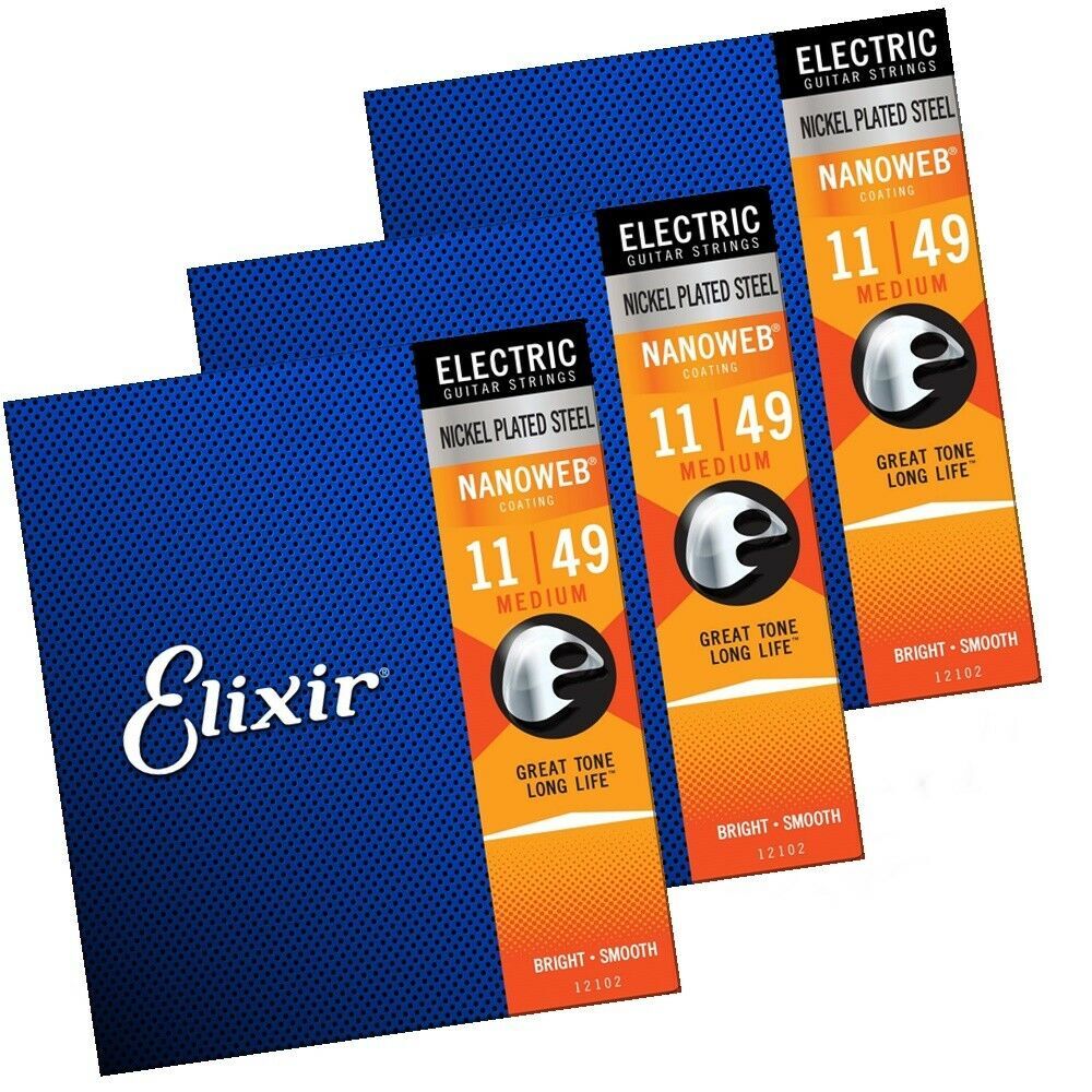 3 Sets Elixir 12102 Medium Gauge Nanoweb coated Electric Guitar Strings