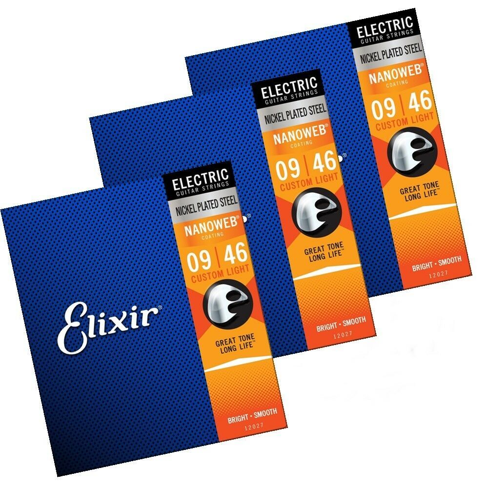 3x Elixir 12027 Custom Light Nanoweb coated Electric Guitar Strings 9