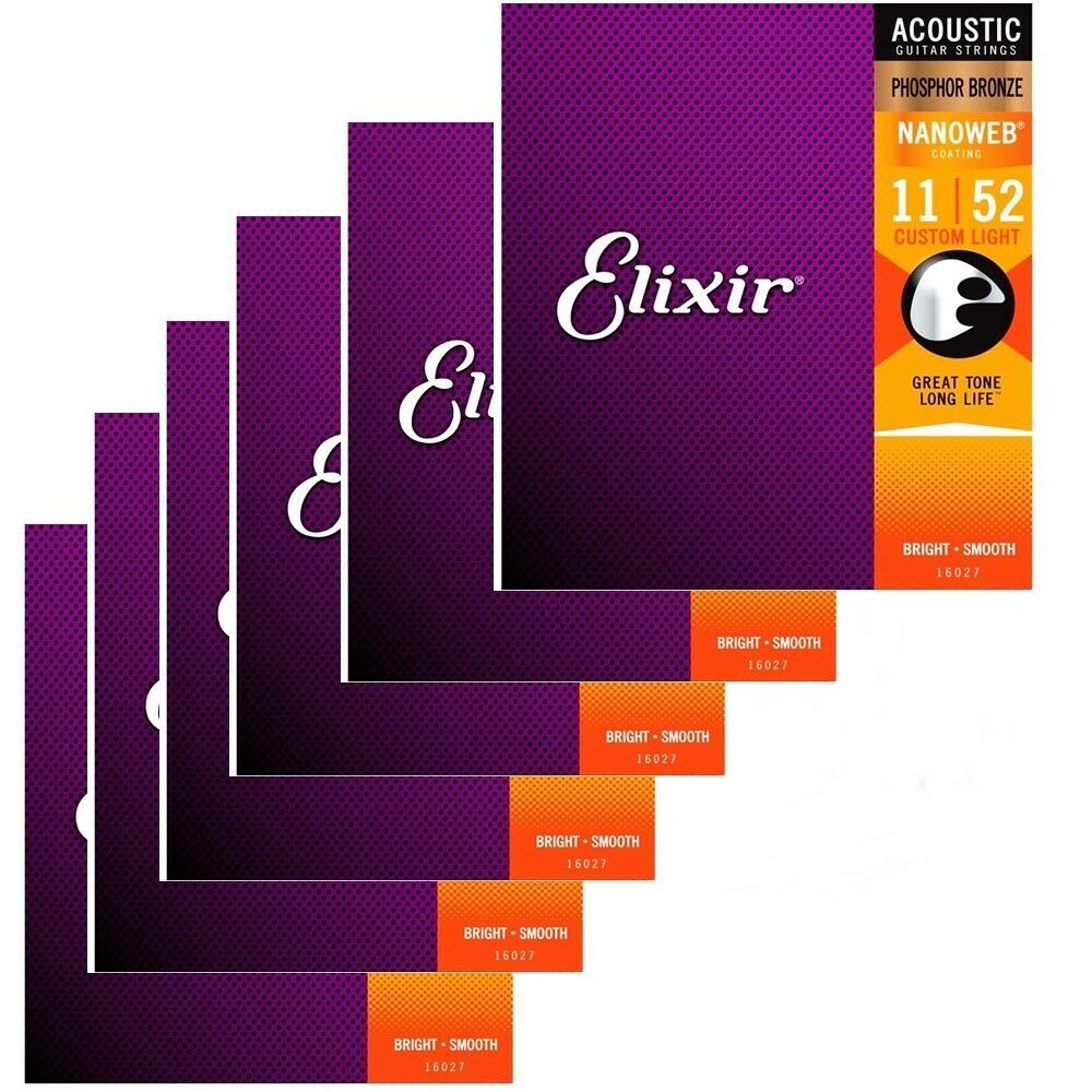 6 Sets Elixir Nanoweb 16027 Custom Light P/B Acoustic Guitar Strings 11