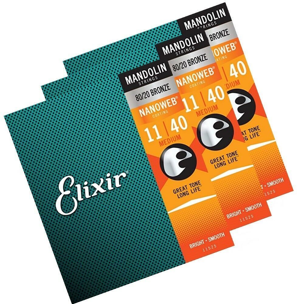 3 x Elixir 11525 Nanoweb Mandolin Strings Medium Gauge 11 - 40 Set of 8 strings | eBay