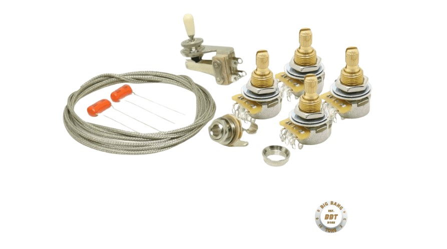 Big Bang Tone electronics upgrade kit showing CTS pots and Orange Drop capacitors