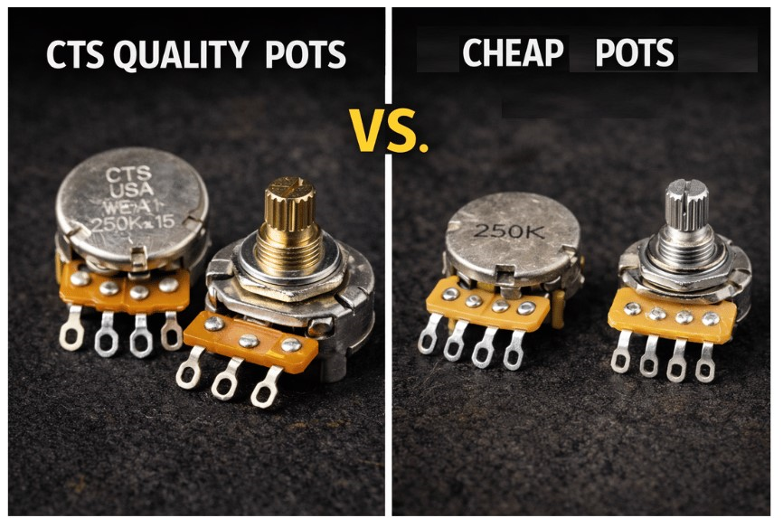 CTS potentiometer vs cheap stock pot showing superior construction quality