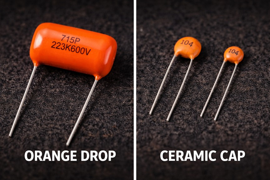 Orange Drop film capacitor vs cheap ceramic capacitor showing quality difference