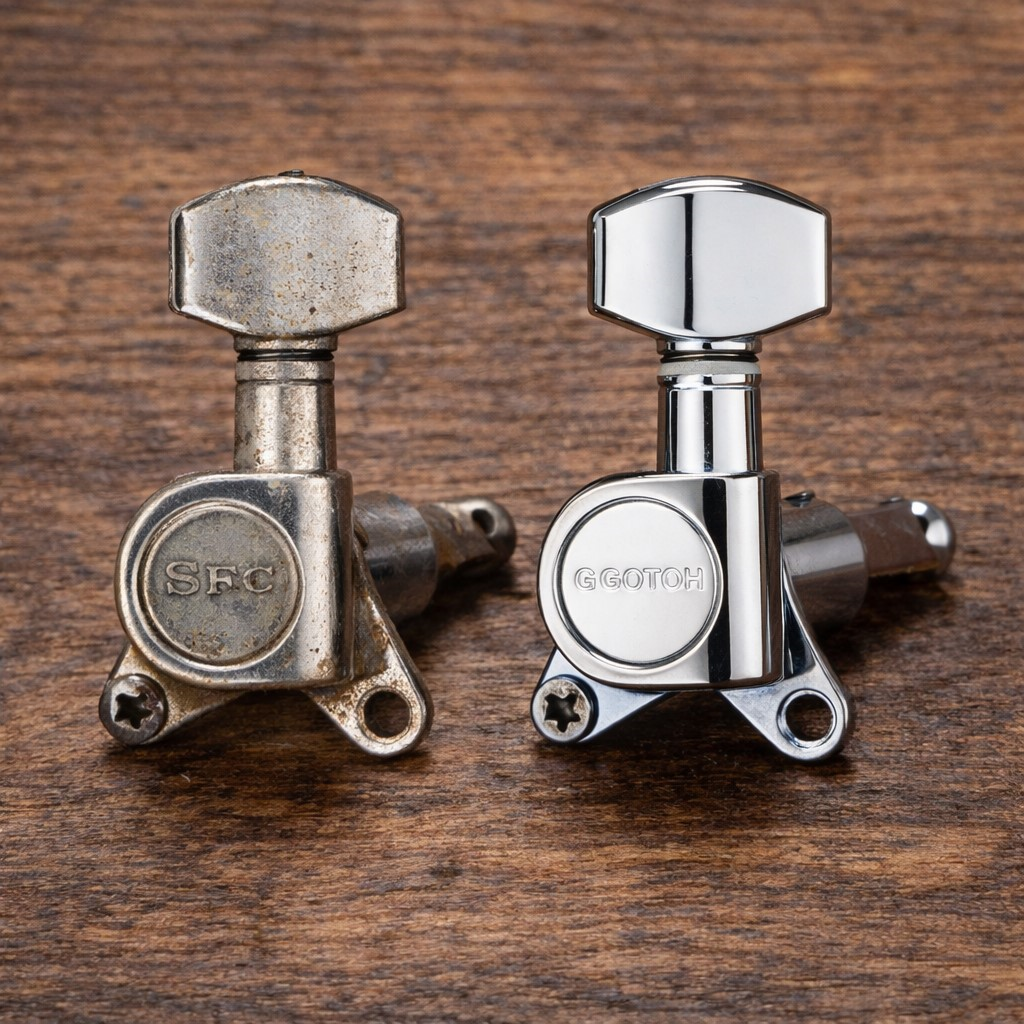 Professional guitar tuner installation showing mounting and setup process