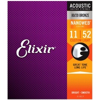 Elixir Nanoweb 11 - 52 80/20 Bronze Acoustic Guitar Strings 11027 Custom Light