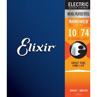 Elixir 12062 Nanoweb Coating Electric Guitar Strings, 8-String Light 10 - 74