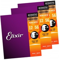 3 sets Elixir Nanoweb 12 - 56 Phosphor Bronze Acoustic Guitar Strings - 16077  