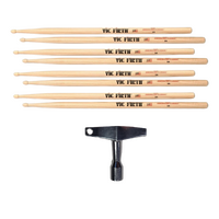 Vic Firth Classic Hickory 5A Wood Tip Drum Sticks x 4 Pairs c/w Free Drum Key