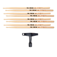 Vic Firth Classic Hickory 5A Wood Tip Drum Sticks x 4 Pairs c/w Free Drum Key