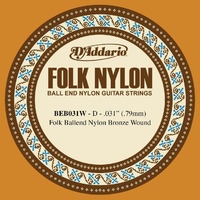 D'Addario BEB031W Folk Nylon Guitar Single String, Bronze Wound, Ball End.031 