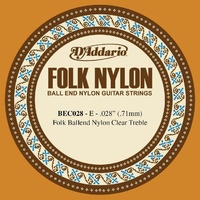 D'Addario BEC028 Folk Nylon Guitar Single String, Clear Nylon, Ball End.028