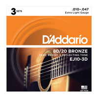 D'Addario EJ10-3D Bronze Acoustic Guitar Strings, Extra Light, 10-47, 3 Sets