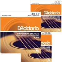 3 sets D'Addario EJ15 Phosphor Bronze Extra Light Acoustic Strings 