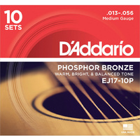10  Pack D'Addario EJ17 Phosphor Bronze  Medium Acoustic Guitar Strings 13 - 56 
