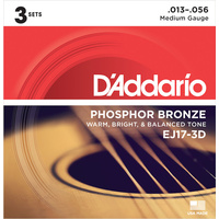 D'Addario EJ17-3D Phosphor Bronze Acoustic Guitar Strings, Medium, 13-56, 3 Sets