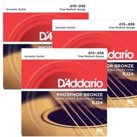 3 x D'Addario EJ24 Phosphor Bronze Acoustic Guitar Strings, True Medium, 13 - 56