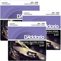 3 Sets D'Addario EJ57 Nickel 5-String Banjo Strings, Custom Medium, 11 - 22