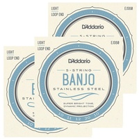 3 Sets D'Addario EJS60 Stainless Steel 5-String Banjo Strings, Light, 9 - 20 X3