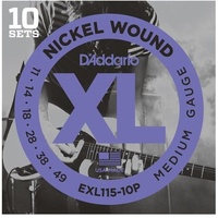 D'Addario EXL115-10P 10 Sets Nickel Wound Electric Guitar Strings, 11 - 49