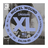 D'Addario EXL116-3D Nickel Wound Electric Guitar Strings, Medium Top/Heavy Bottom, 11-52, 3 Sets