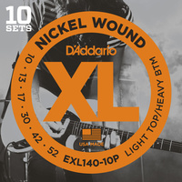 D'Addario EXL140-10P Nickel Wound Electric Guitar Strings, Light Top/Heavy Bottom, 10-52 , 10 sets