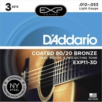 D'Addario EXP11-3D Coated 80/20 Bronze Acoustic Guitar Strings 12 - 53 3 sets