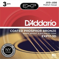 D'Addario EXP17-3D Coated Phosphor Bronze Acoustic Guitar Strings 13 - 56 3 sets