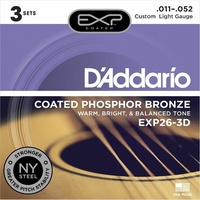 D'Addario EXP26-3D Coated Phosphor Bronze Acoustic Guitar Strings 11 - 52 3 sets