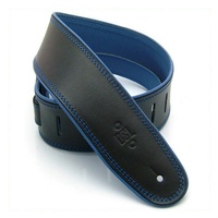 DSL Premium Leather Guitar Strap 2.5" Black/Blue Rolled Edge Hand Made Australia