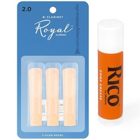 Rico Royal Woodwinds Bb Clarinet Reeds, 3 x Strength 2 with Cork Grease