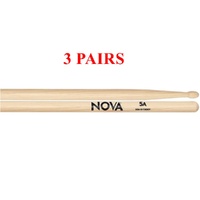 3 Pairs Vic Firth Nova 5A wood Tip Hickory Drumsticks , N5A