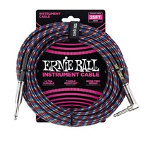 Ernie Ball 25' Straight / Angled  Braided Instrument Cable Red / white / Blue