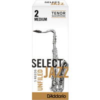 D'Addario Select Jazz Unfiled Tenor Saxophone Reeds, Strength 2 Medium, 5-pack
