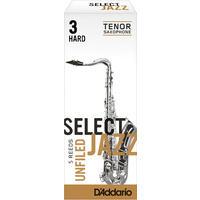 D'Addario Select Jazz Unfiled Tenor Saxophone Reeds, Strength 3 Hard, 5-pack