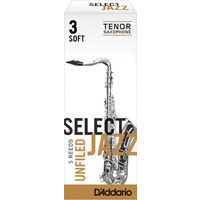 D'Addario Select Jazz Unfiled Tenor Saxophone Reeds, Strength 3 Soft, 5-pack