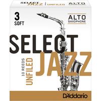 D'Addario Select Jazz Unfiled Alto Saxophone Reeds, Strength 3 Soft, 10-pack