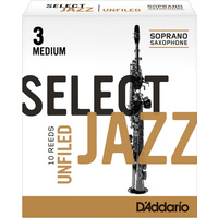 D'Addario Select Jazz Unfiled Soprano Saxophone Reeds, Strength 3 Medium, 10-pack
