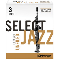 D'Addario Select Jazz Unfiled Soprano Saxophone Reeds, Strength 3 Soft, 10-pack