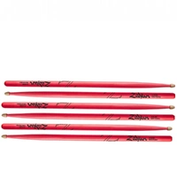 Zildjian 5A Acorn Neon Pink  Hickory Drumsticks Wood Acorn Tips - 3 Pairs