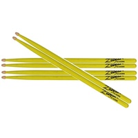 Zildjian 5A Acorn Neon Yellow Hickory Drumsticks with Wood Acorn Tips 3 Pairs