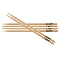 Zildjian 5AN Drumsticks - 3 Pairs Hickory Wood Natural Finish Nylon Tip - Z5AN