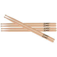 Zildjian 7A Drumsticks - 3 Pairs Hickory Wood Natural Finish Wood Tip - Z7AW