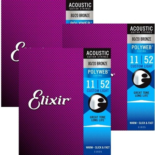 3 sets Elixir 11025 80/20 Acoustic Guitar Strings  POLYWEB Coating, 11-52