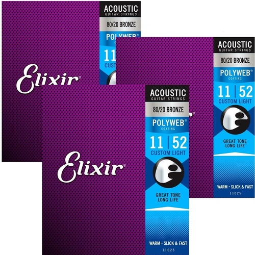 3 Sets Elixir 80/20 Bronze Acoustic Guitar Strings POLYWEB  (.011-.052)