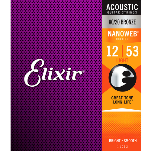 Elixir Nanoweb 11052 Light 80/20 Bronze Acoustic Guitar Strings  12 - 53